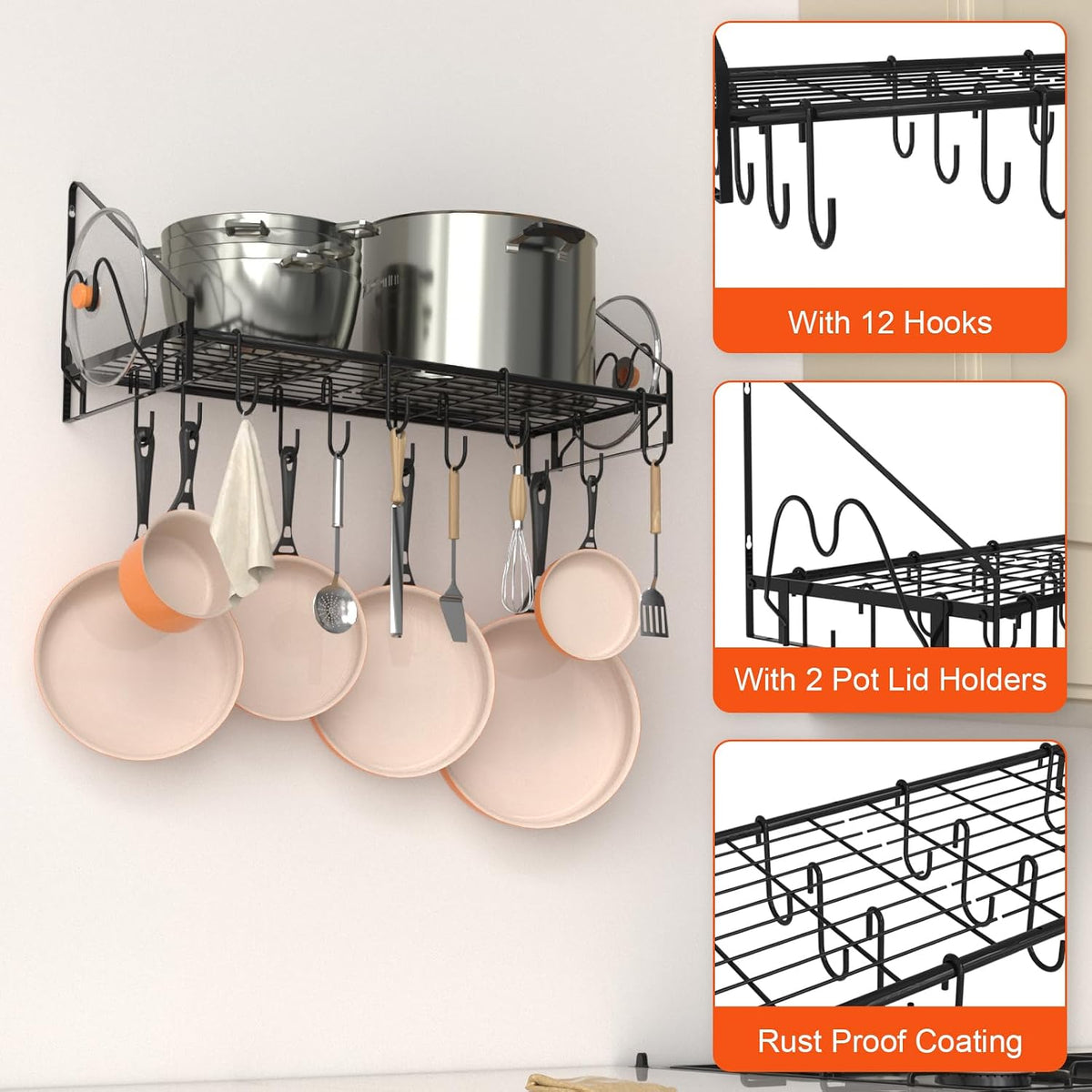 28 Inch Pot Rack Wall Mounted, 2 Tier Pots and Pans Organizer with 20 Hooks and 6 Pot Lid Holders, Heavy Duty Steel Pot and Pan Hanger for Kitchen Cookware Utensils Storage 34.7" Lx13 Wx26.4 H
