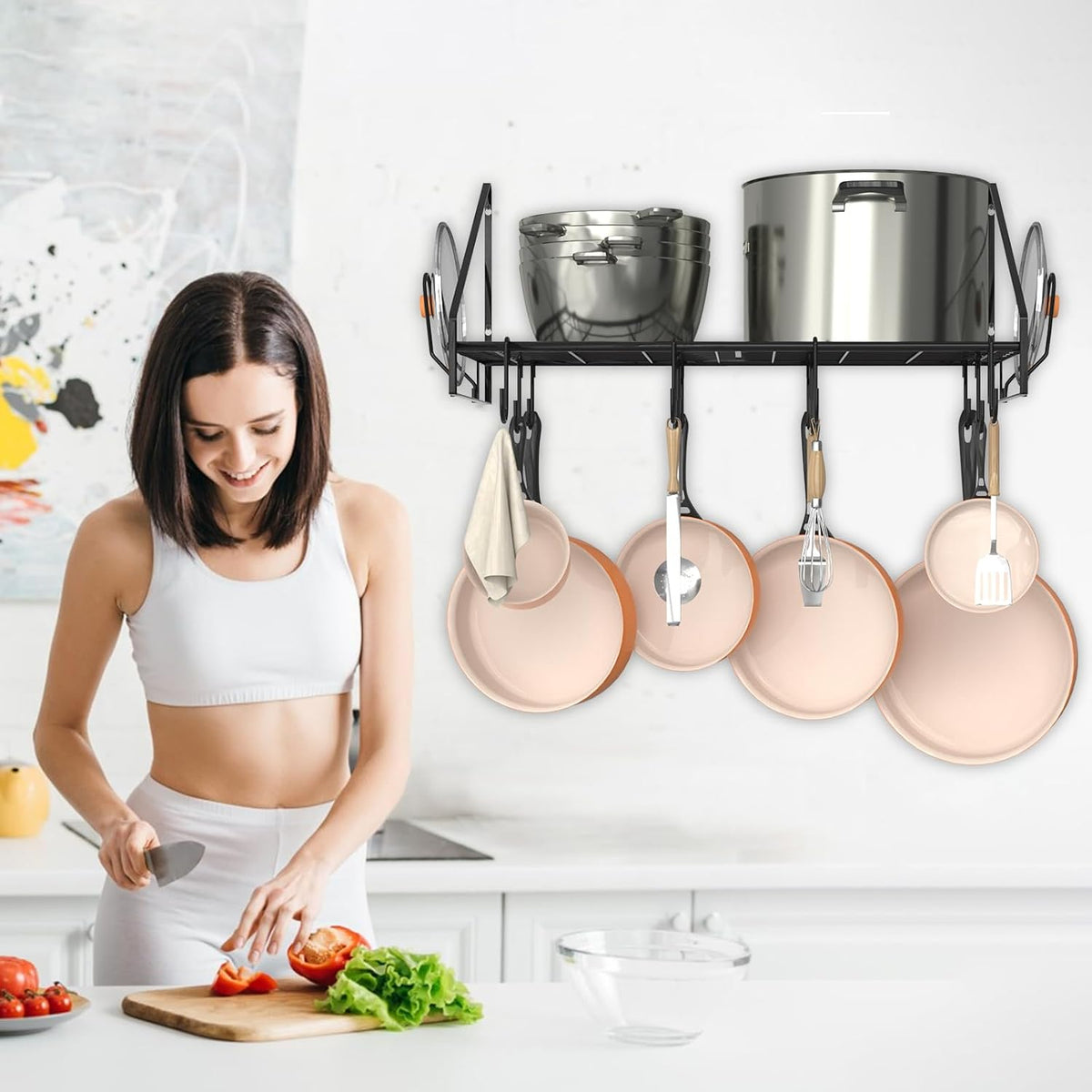 28 Inch Pot Rack Wall Mounted, 2 Tier Pots and Pans Organizer with 20 Hooks and 6 Pot Lid Holders, Heavy Duty Steel Pot and Pan Hanger for Kitchen Cookware Utensils Storage 34.7" Lx13 Wx26.4 H