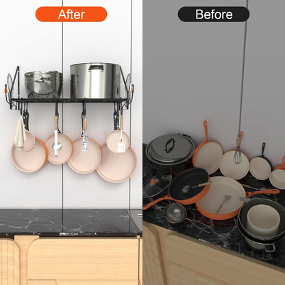 28 Inch Pot Rack Wall Mounted, 2 Tier Pots and Pans Organizer with 20 Hooks and 6 Pot Lid Holders, Heavy Duty Steel Pot and Pan Hanger for Kitchen Cookware Utensils Storage 34.7" Lx13 Wx26.4 H