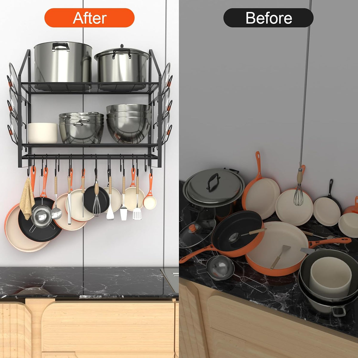28 Inch Pot Rack Wall Mounted, 2 Tier Pots and Pans Organizer with 20 Hooks and 6 Pot Lid Holders, Heavy Duty Steel Pot and Pan Hanger for Kitchen Cookware Utensils Storage 34.7" Lx13 Wx26.4 H