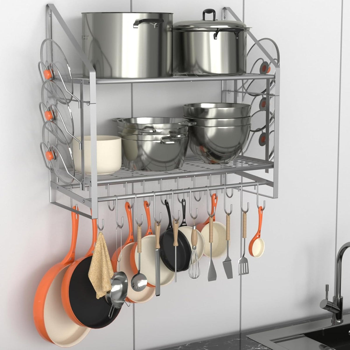 28 Inch Pot Rack Wall Mounted, 2 Tier Pots and Pans Organizer with 20 Hooks and 6 Pot Lid Holders, Heavy Duty Steel Pot and Pan Hanger for Kitchen Cookware Utensils Storage 34.7" Lx13 Wx26.4 H