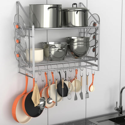 28 Inch Pot Rack Wall Mounted, 2 Tier Pots and Pans Organizer with 20 Hooks and 6 Pot Lid Holders, Heavy Duty Steel Pot and Pan Hanger for Kitchen Cookware Utensils Storage 34.7" Lx13 Wx26.4 H