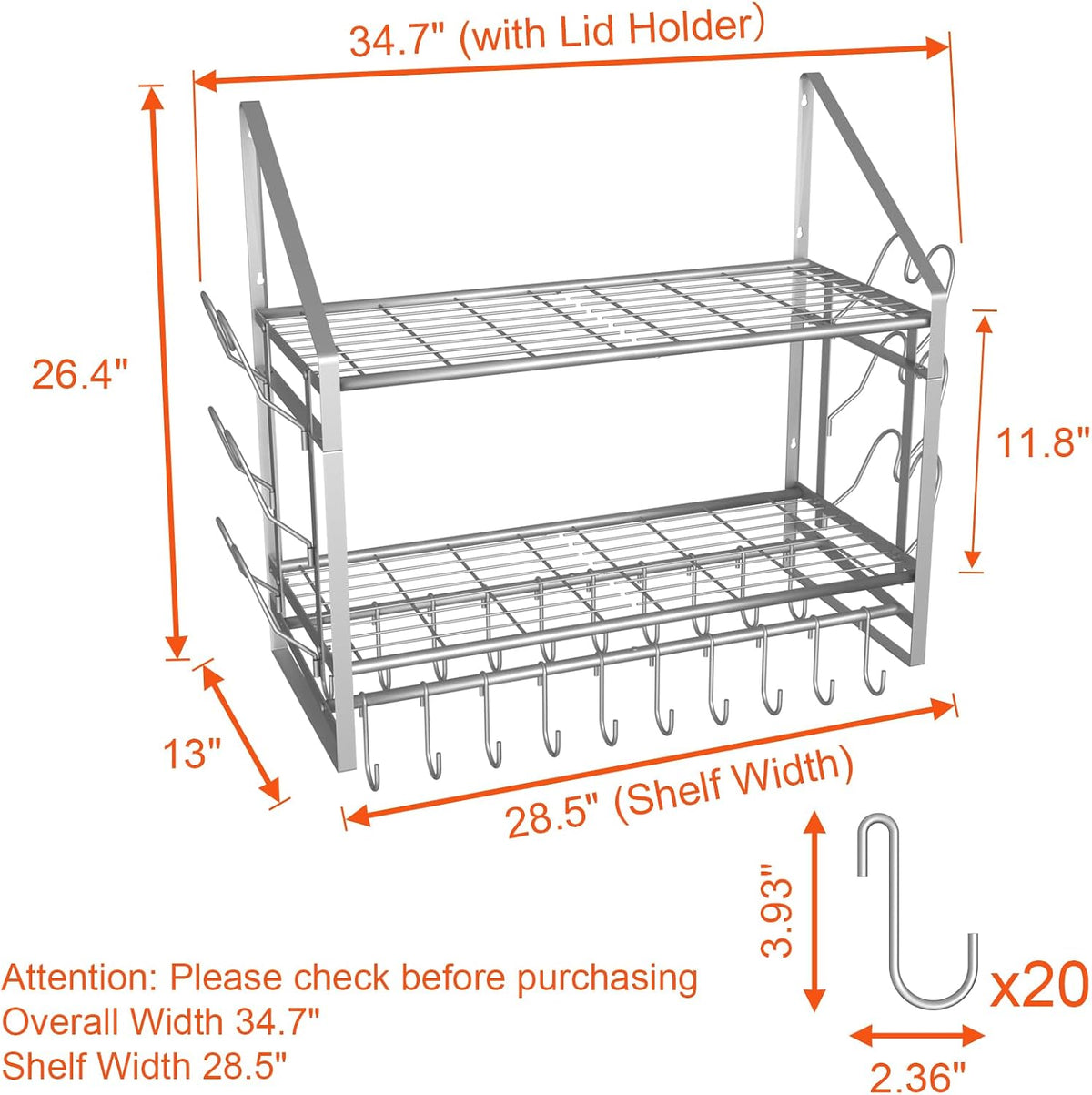 28 Inch Pot Rack Wall Mounted, 2 Tier Pots and Pans Organizer with 20 Hooks and 6 Pot Lid Holders, Heavy Duty Steel Pot and Pan Hanger for Kitchen Cookware Utensils Storage 34.7" Lx13 Wx26.4 H