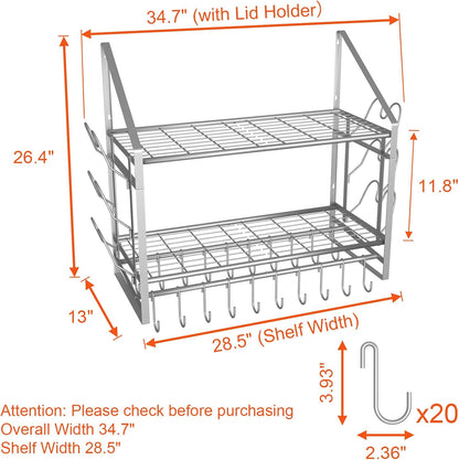 28 Inch Pot Rack Wall Mounted, 2 Tier Pots and Pans Organizer with 20 Hooks and 6 Pot Lid Holders, Heavy Duty Steel Pot and Pan Hanger for Kitchen Cookware Utensils Storage 34.7" Lx13 Wx26.4 H