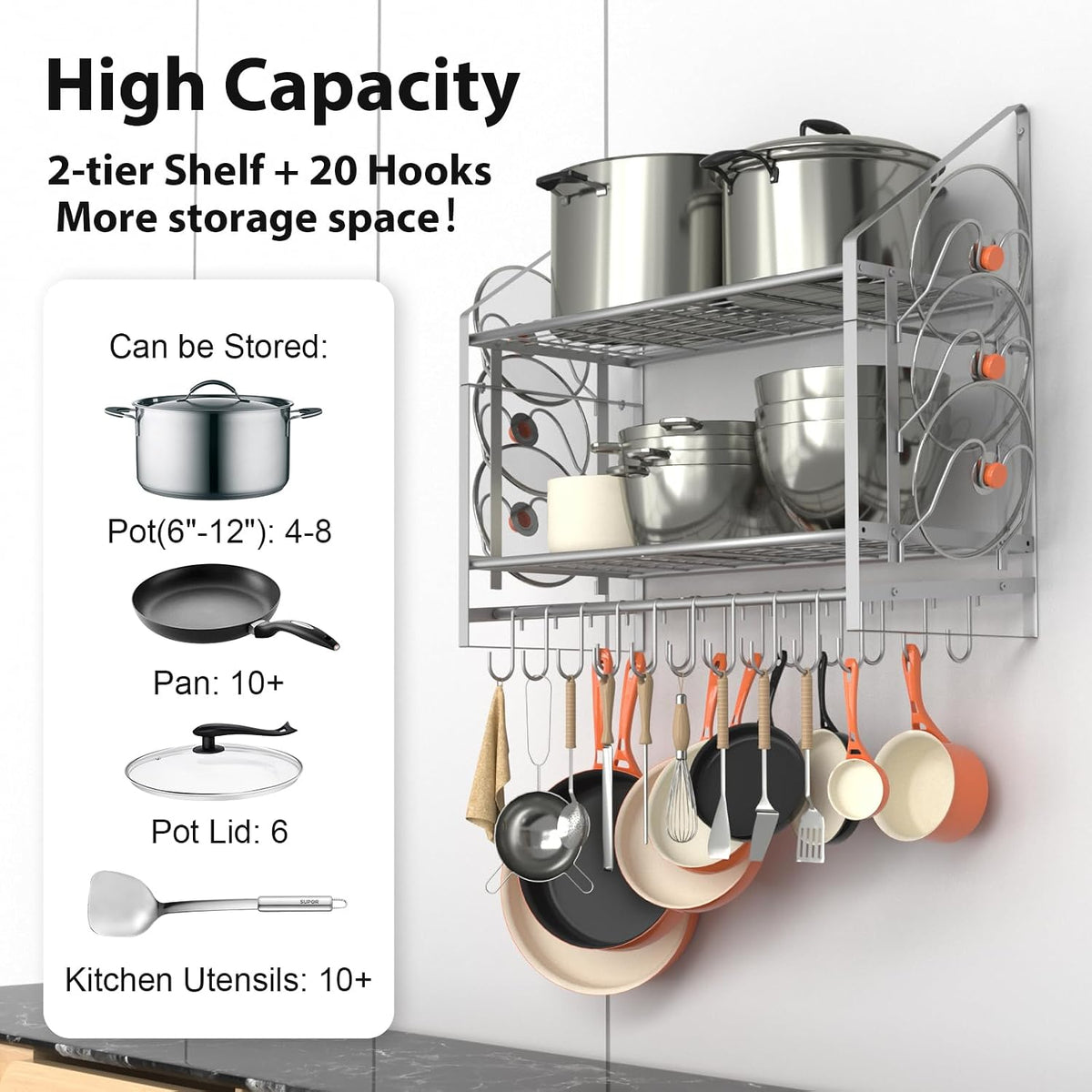 28 Inch Pot Rack Wall Mounted, 2 Tier Pots and Pans Organizer with 20 Hooks and 6 Pot Lid Holders, Heavy Duty Steel Pot and Pan Hanger for Kitchen Cookware Utensils Storage 34.7" Lx13 Wx26.4 H