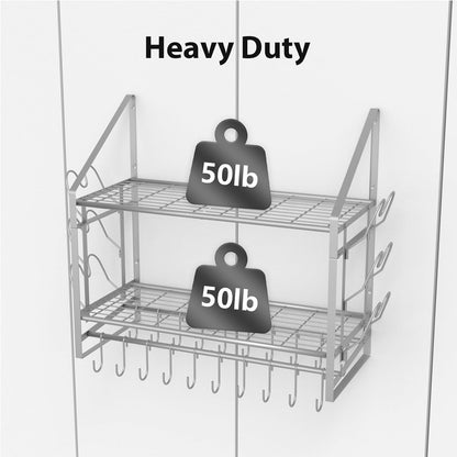 28 Inch Pot Rack Wall Mounted, 2 Tier Pots and Pans Organizer with 20 Hooks and 6 Pot Lid Holders, Heavy Duty Steel Pot and Pan Hanger for Kitchen Cookware Utensils Storage 34.7" Lx13 Wx26.4 H