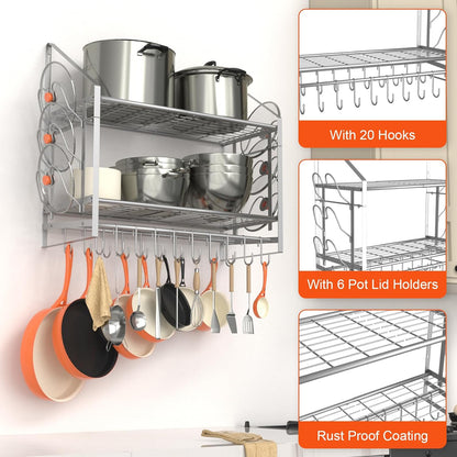 28 Inch Pot Rack Wall Mounted, 2 Tier Pots and Pans Organizer with 20 Hooks and 6 Pot Lid Holders, Heavy Duty Steel Pot and Pan Hanger for Kitchen Cookware Utensils Storage 34.7" Lx13 Wx26.4 H