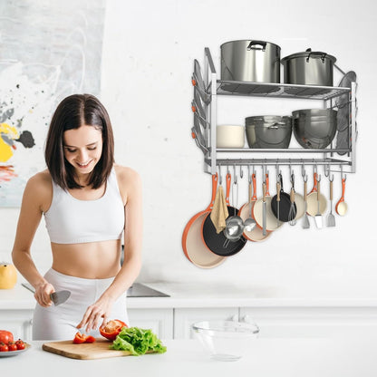 28 Inch Pot Rack Wall Mounted, 2 Tier Pots and Pans Organizer with 20 Hooks and 6 Pot Lid Holders, Heavy Duty Steel Pot and Pan Hanger for Kitchen Cookware Utensils Storage 34.7" Lx13 Wx26.4 H