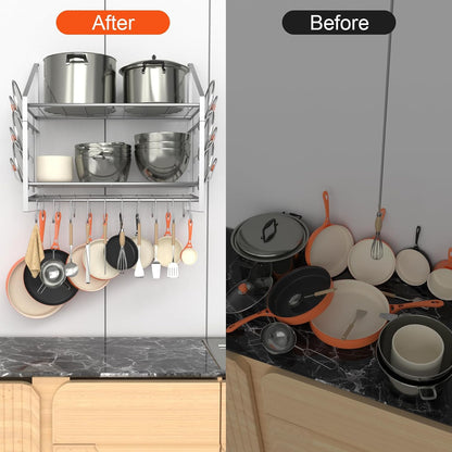 28 Inch Pot Rack Wall Mounted, 2 Tier Pots and Pans Organizer with 20 Hooks and 6 Pot Lid Holders, Heavy Duty Steel Pot and Pan Hanger for Kitchen Cookware Utensils Storage 34.7" Lx13 Wx26.4 H