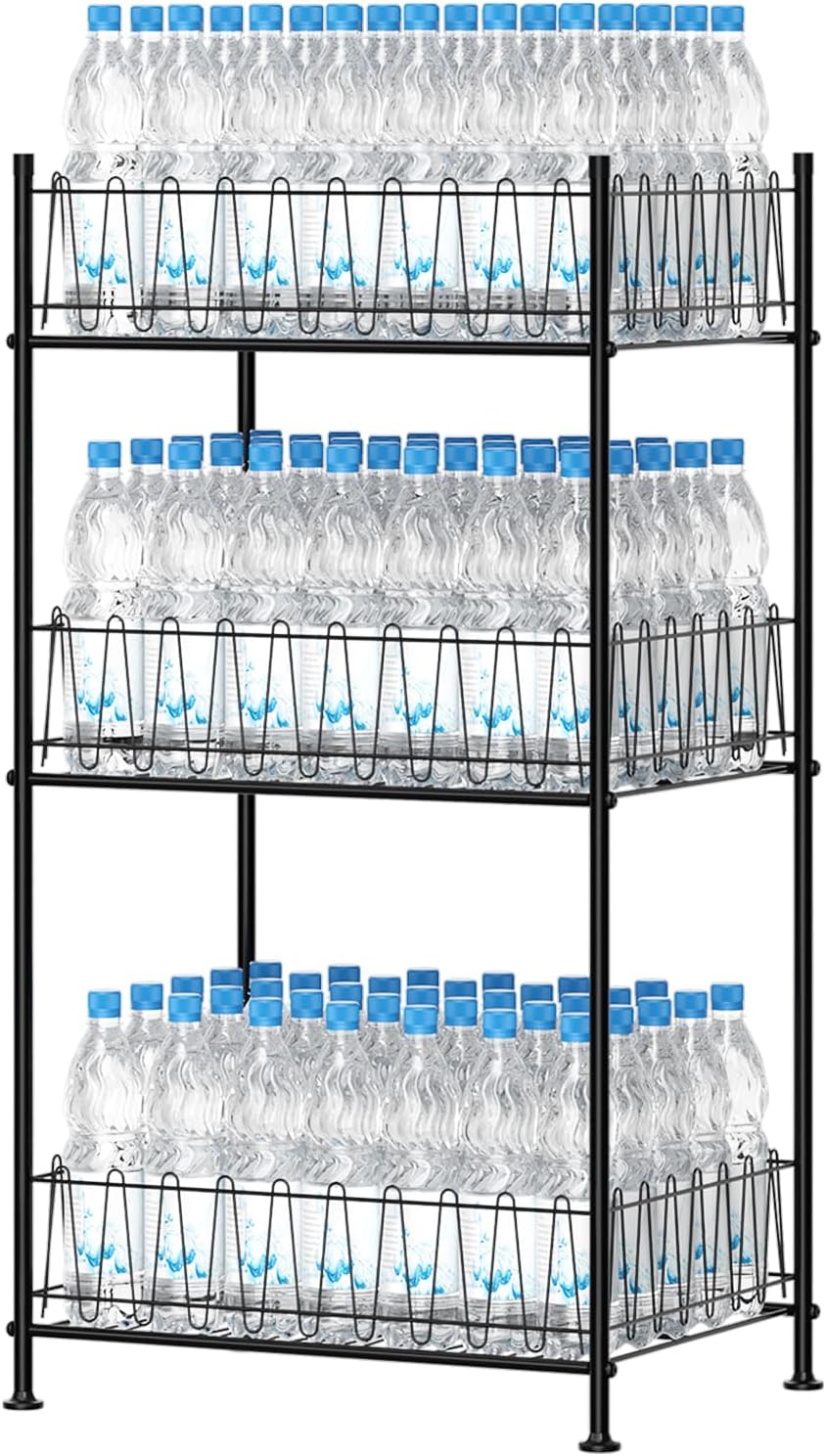 5 Tier Water Bottle Organizer Rack Metal Free Standing Water Storage Rack Beverage Holder Bottled Water Stand for Floor, Space Saver Soda Drink Shelf for Kitchen Living Room, Black