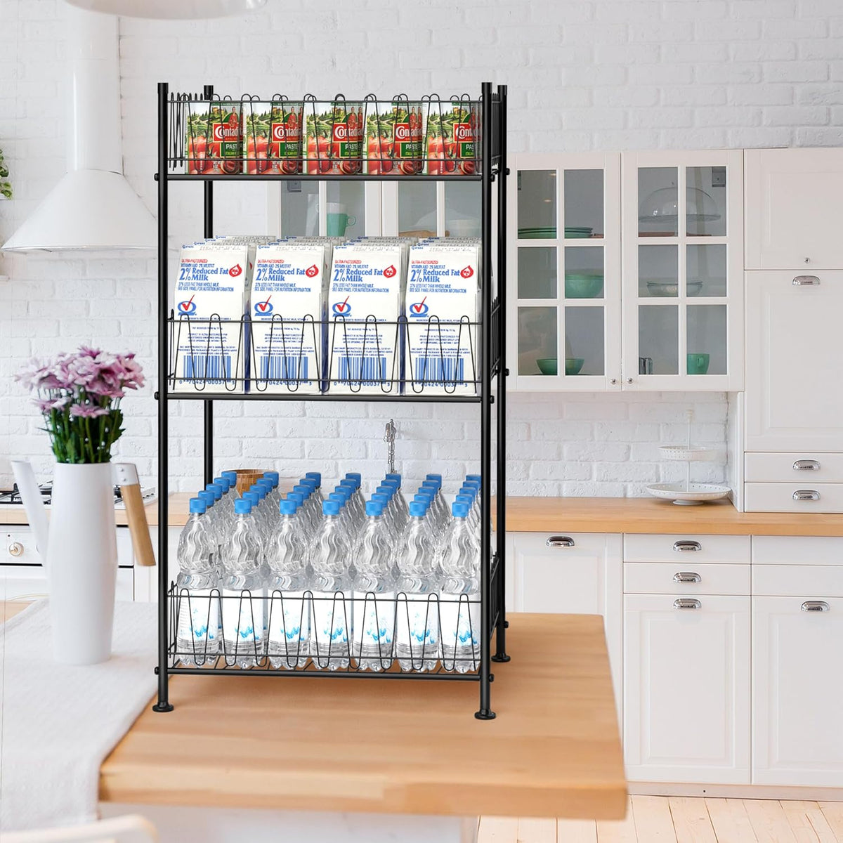 5 Tier Water Bottle Organizer Rack Metal Free Standing Water Storage Rack Beverage Holder Bottled Water Stand for Floor, Space Saver Soda Drink Shelf for Kitchen Living Room, Black