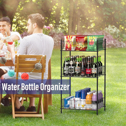 5 Tier Water Bottle Organizer Rack Metal Free Standing Water Storage Rack Beverage Holder Bottled Water Stand for Floor, Space Saver Soda Drink Shelf for Kitchen Living Room, Black