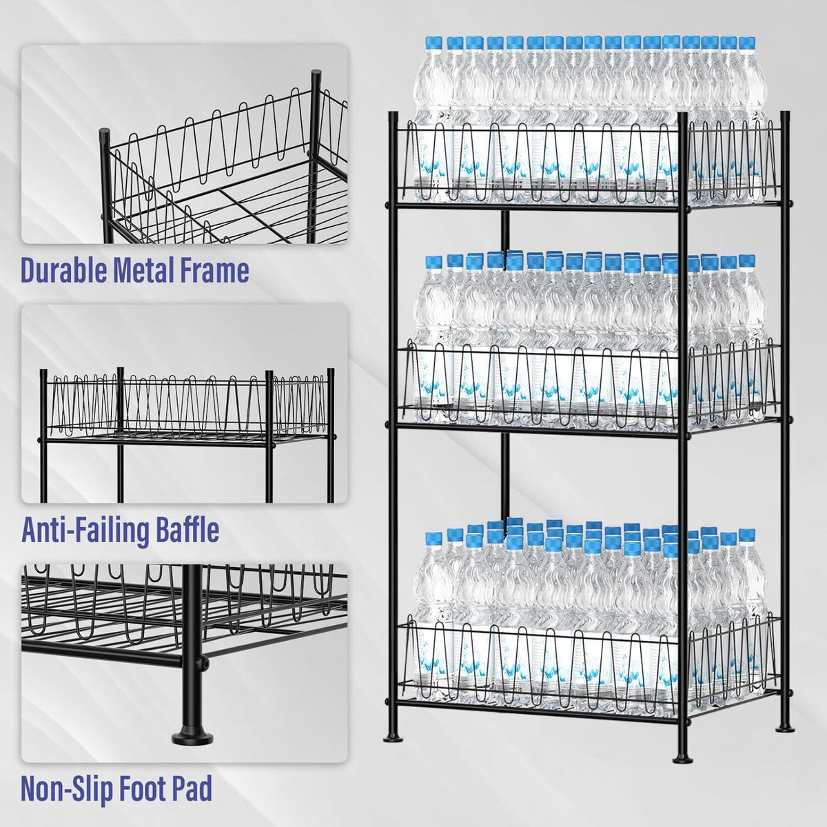 5 Tier Water Bottle Organizer Rack Metal Free Standing Water Storage Rack Beverage Holder Bottled Water Stand for Floor, Space Saver Soda Drink Shelf for Kitchen Living Room, Black