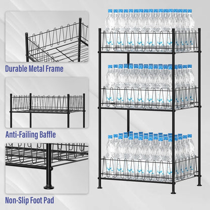 5 Tier Water Bottle Organizer Rack Metal Free Standing Water Storage Rack Beverage Holder Bottled Water Stand for Floor, Space Saver Soda Drink Shelf for Kitchen Living Room, Black