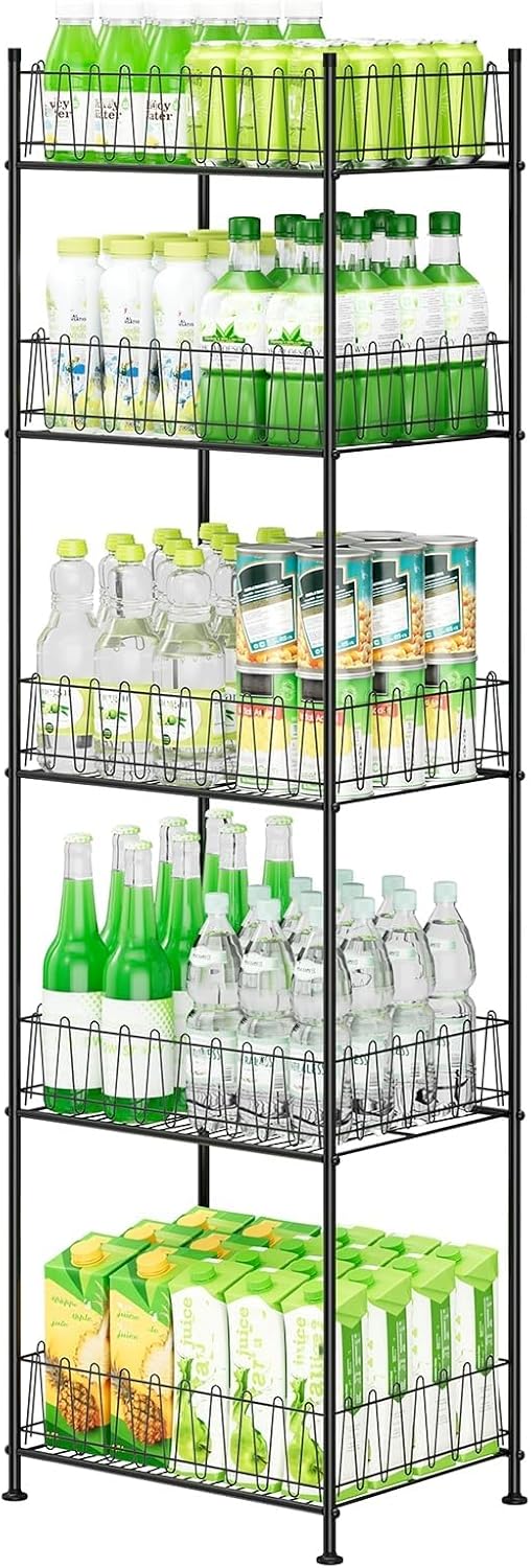 5 Tier Water Bottle Organizer Rack Metal Free Standing Water Storage Rack Beverage Holder Bottled Water Stand for Floor, Space Saver Soda Drink Shelf for Kitchen Living Room, Black