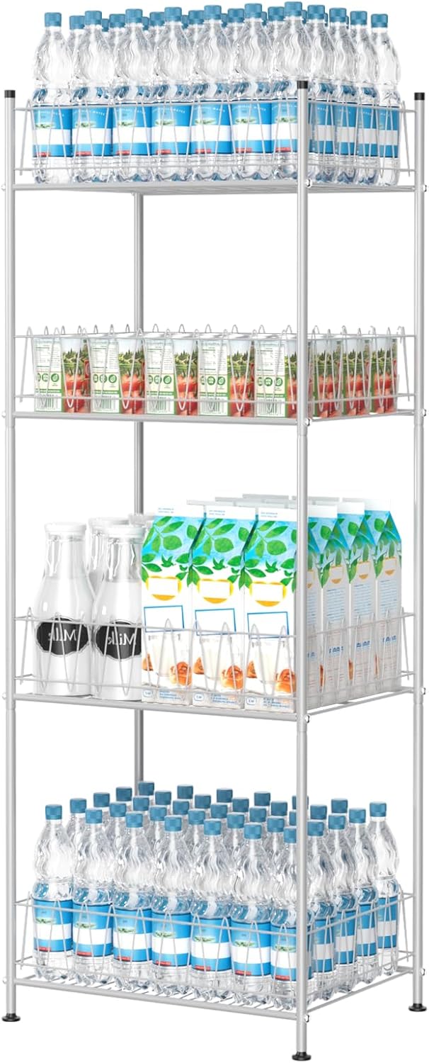 5 Tier Water Bottle Organizer Rack Metal Free Standing Water Storage Rack Beverage Holder Bottled Water Stand for Floor, Space Saver Soda Drink Shelf for Kitchen Living Room, Black