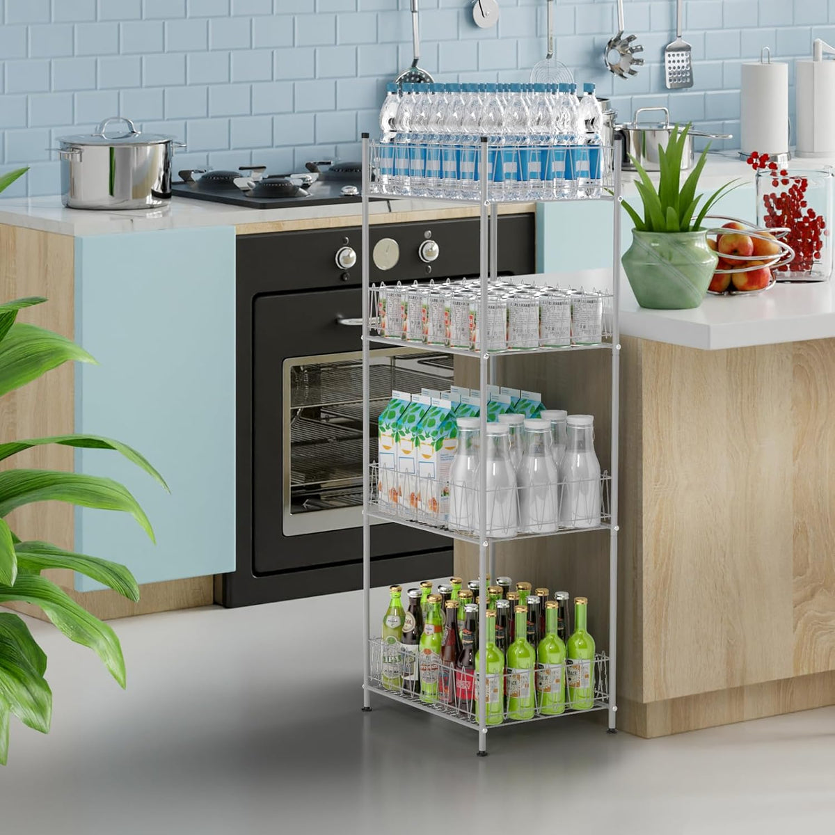5 Tier Water Bottle Organizer Rack Metal Free Standing Water Storage Rack Beverage Holder Bottled Water Stand for Floor, Space Saver Soda Drink Shelf for Kitchen Living Room, Black
