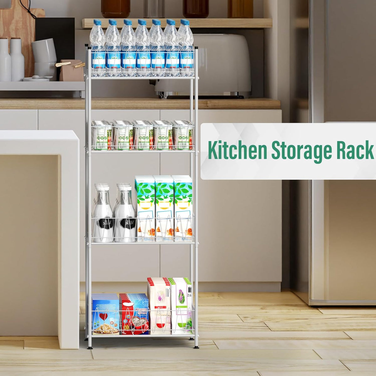 5 Tier Water Bottle Organizer Rack Metal Free Standing Water Storage Rack Beverage Holder Bottled Water Stand for Floor, Space Saver Soda Drink Shelf for Kitchen Living Room, Black