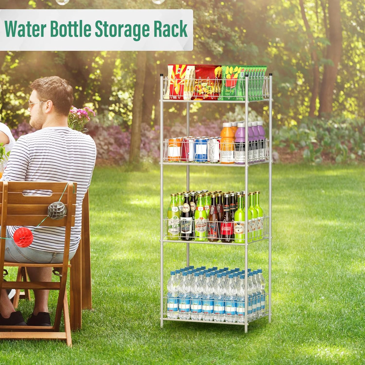 5 Tier Water Bottle Organizer Rack Metal Free Standing Water Storage Rack Beverage Holder Bottled Water Stand for Floor, Space Saver Soda Drink Shelf for Kitchen Living Room, Black