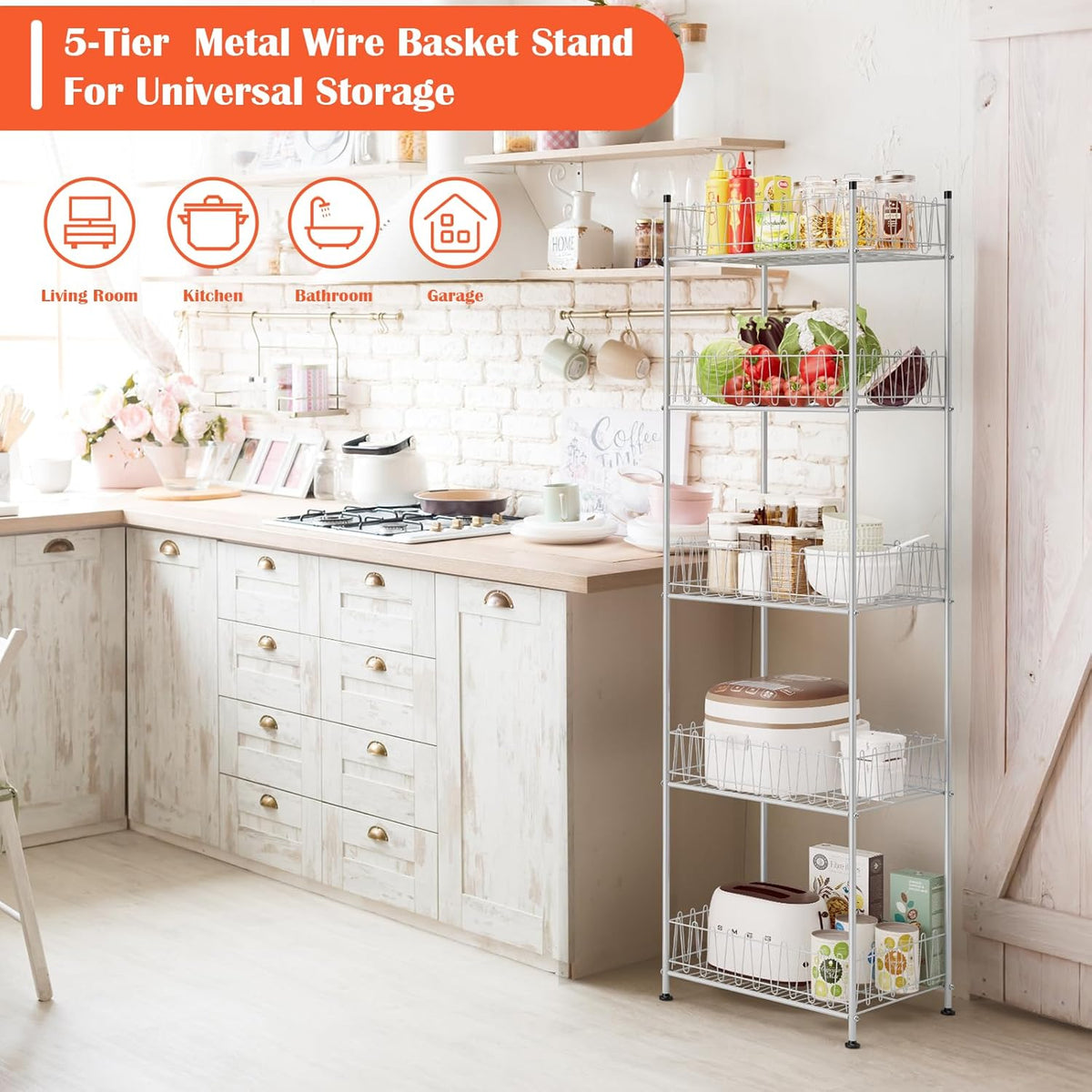 5 Tier Water Bottle Organizer Rack Metal Free Standing Water Storage Rack Beverage Holder Bottled Water Stand for Floor, Space Saver Soda Drink Shelf for Kitchen Living Room, Black