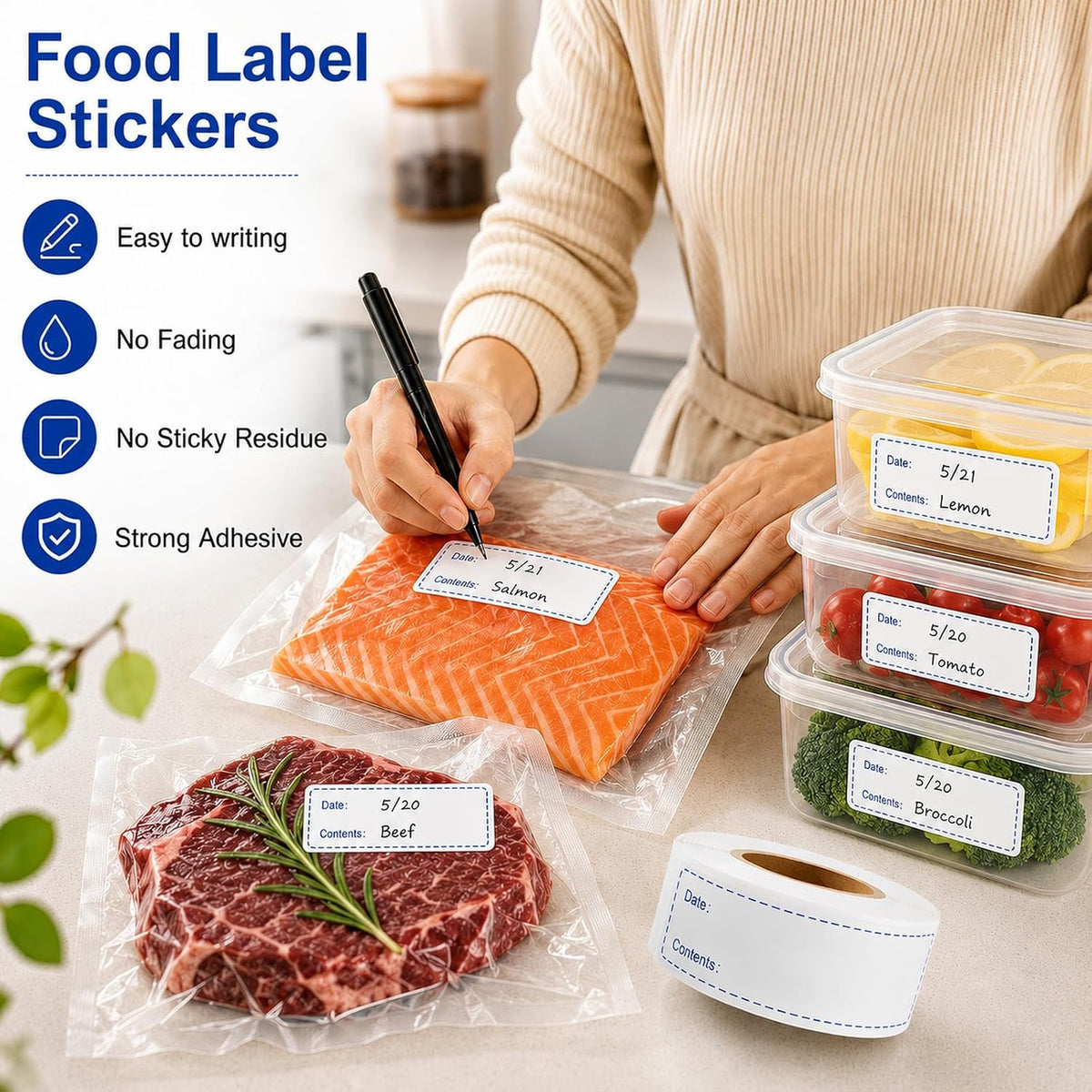 1 X 3 Inch Food Labels, Removable Freezer Labels for Kitchen, 2 Rolls 600 Pieces Date Label Stickers, Easy to Write On, No Residue