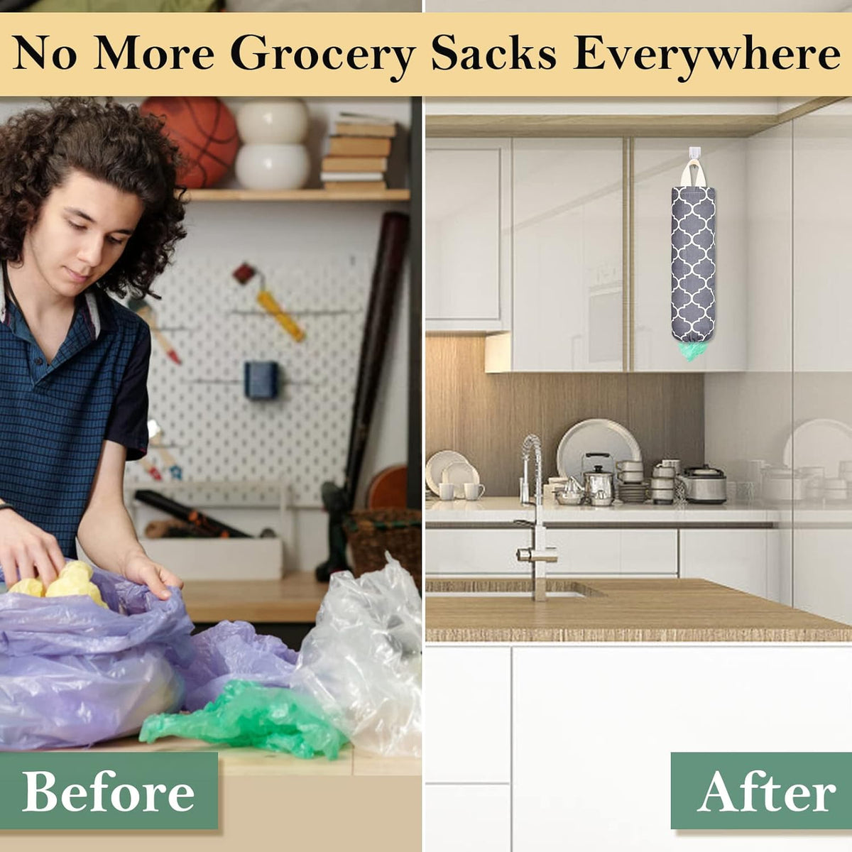 Plastic Bag Holder, Washable Grocery Bag Holder for Plastic Bags, Strong Plastic Bag Storage Dispenser with Hanging Loop, Wall Mount Trash Bag Dispenser for Home Kitchen Cabinet (Dark Grey)