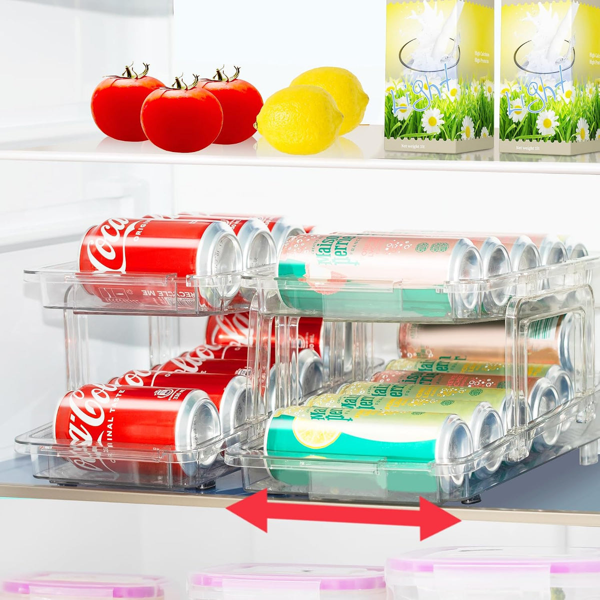 Expandable Soda Can Organizer 2 Pack, Adjustable Width Can Dispenser for Refrigerator 6.1''-9.38'' W, Drink Organizer for Fridge, Can Holder for Standard and Tall Can, Clear
