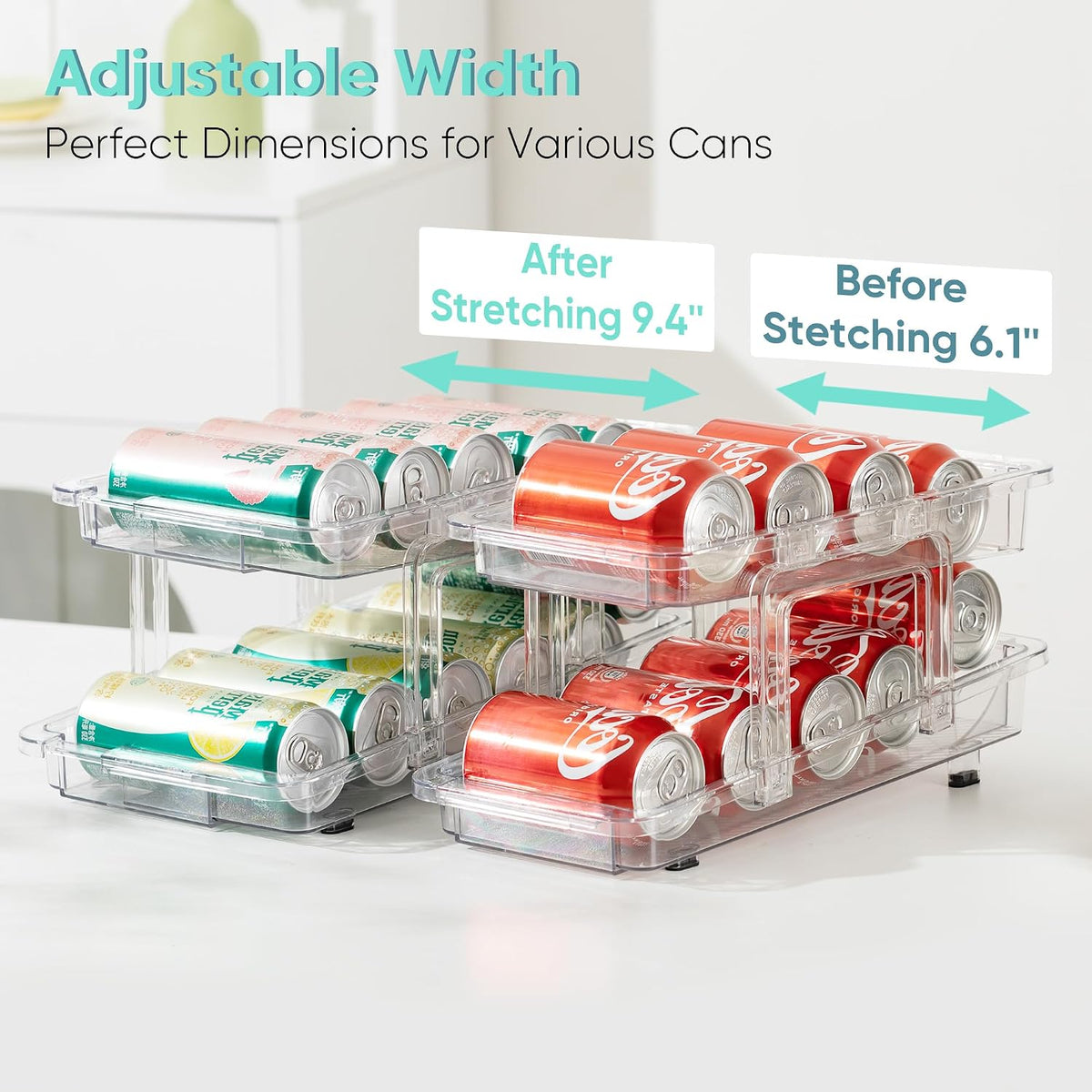 Expandable Soda Can Organizer 2 Pack, Adjustable Width Can Dispenser for Refrigerator 6.1''-9.38'' W, Drink Organizer for Fridge, Can Holder for Standard and Tall Can, Clear