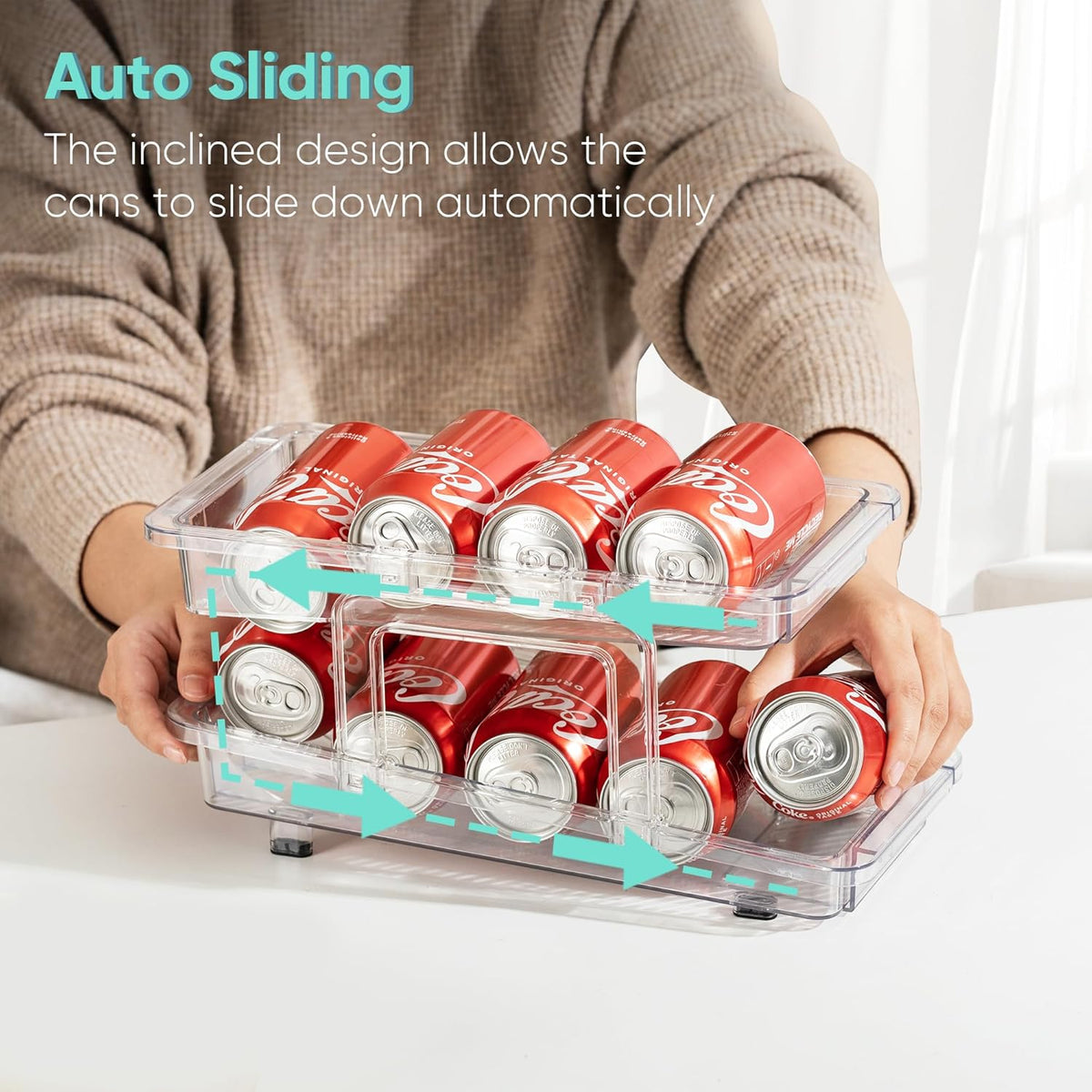 Expandable Soda Can Organizer 2 Pack, Adjustable Width Can Dispenser for Refrigerator 6.1''-9.38'' W, Drink Organizer for Fridge, Can Holder for Standard and Tall Can, Clear