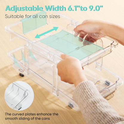 Expandable Soda Can Organizer 2 Pack, Adjustable Width Can Dispenser for Refrigerator 6.1''-9.38'' W, Drink Organizer for Fridge, Can Holder for Standard and Tall Can, Clear