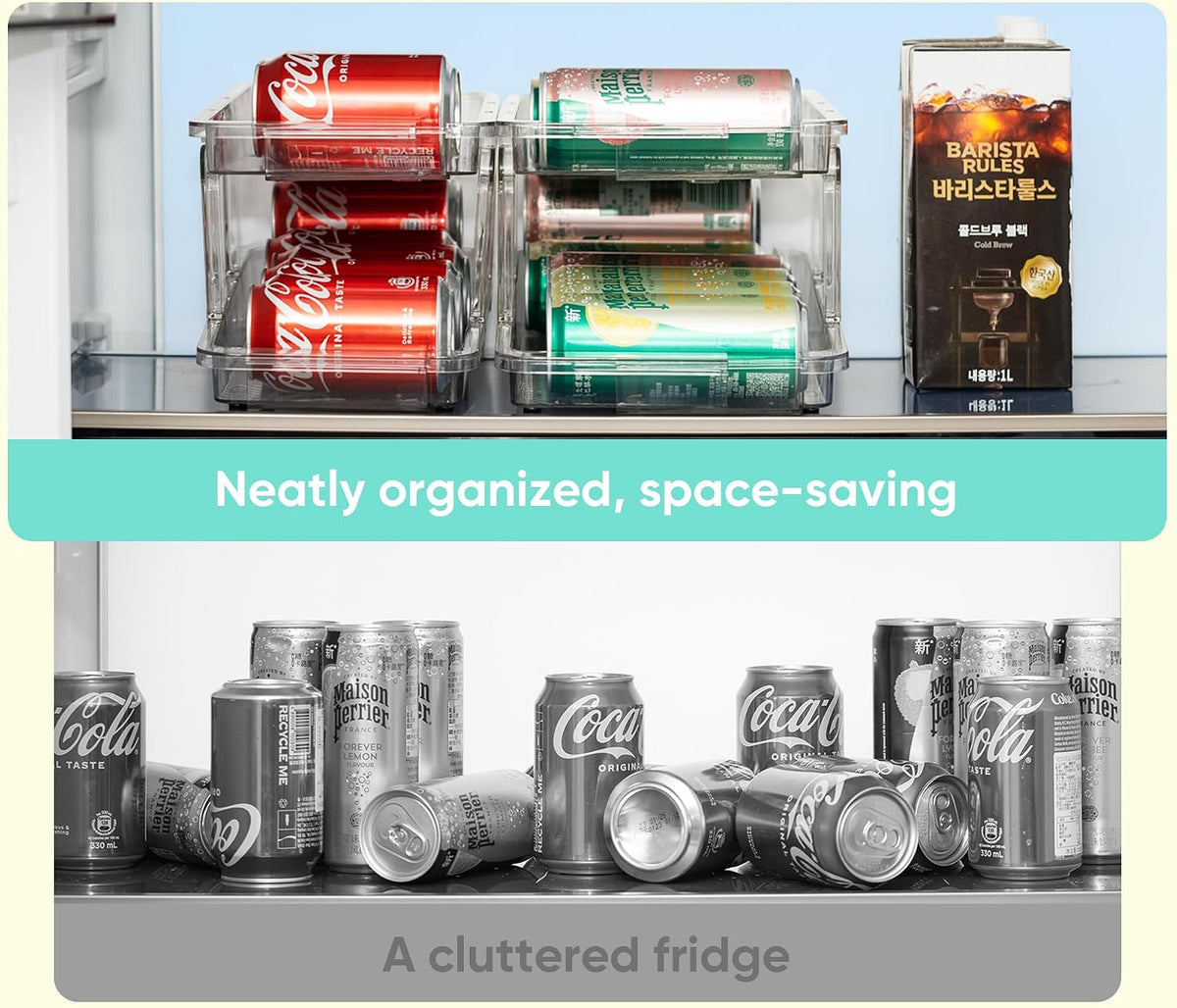 Expandable Soda Can Organizer 2 Pack, Adjustable Width Can Dispenser for Refrigerator 6.1''-9.38'' W, Drink Organizer for Fridge, Can Holder for Standard and Tall Can, Clear