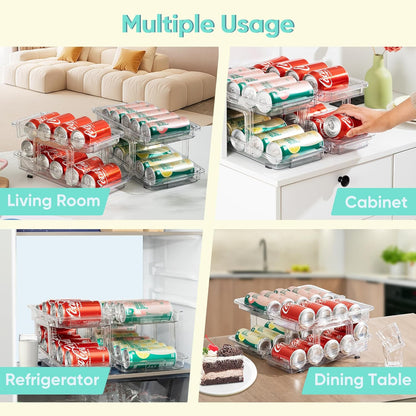 Expandable Soda Can Organizer 2 Pack, Adjustable Width Can Dispenser for Refrigerator 6.1''-9.38'' W, Drink Organizer for Fridge, Can Holder for Standard and Tall Can, Clear