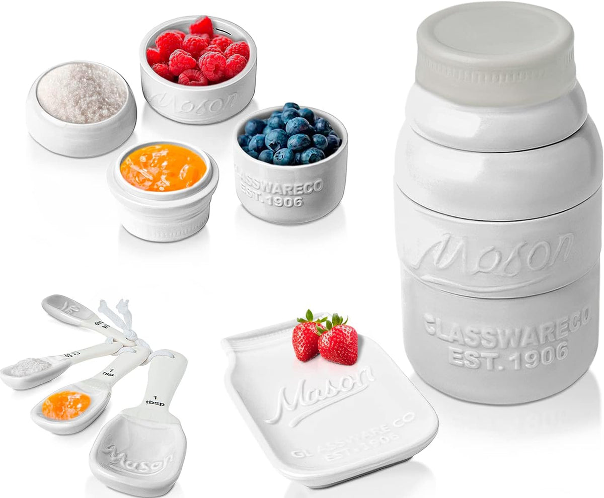 White Mason Jar Measuring Set – 4 Cups, 4 Spoons, Spoon Rest