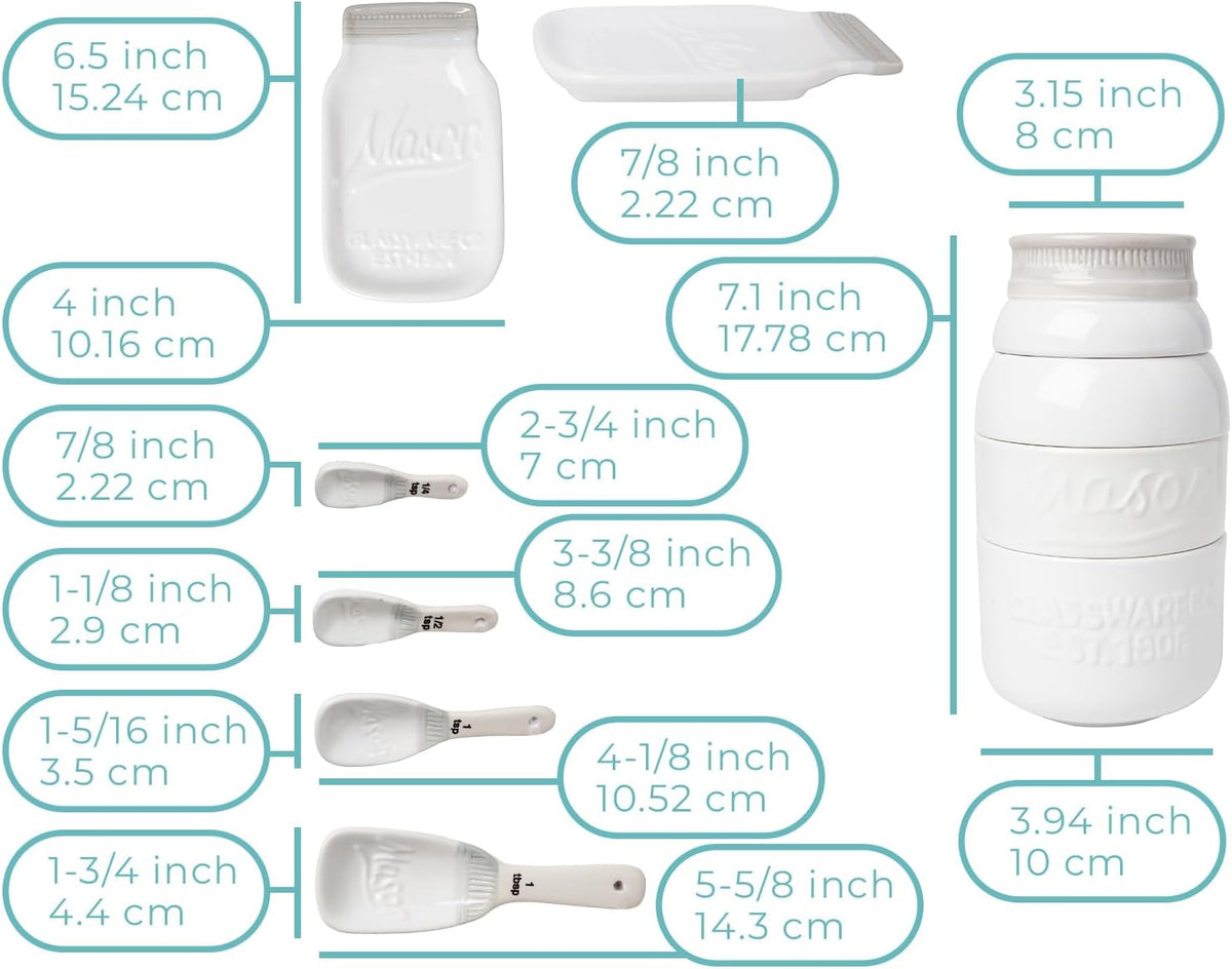 White Mason Jar Measuring Set – 4 Cups, 4 Spoons, Spoon Rest