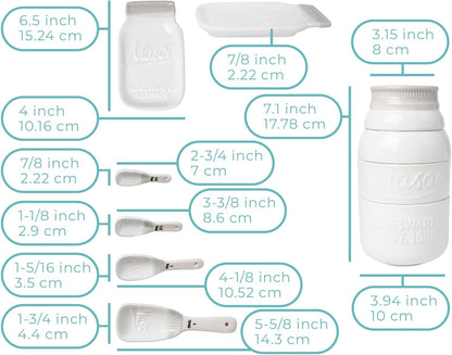 White Mason Jar Measuring Set – 4 Cups, 4 Spoons, Spoon Rest