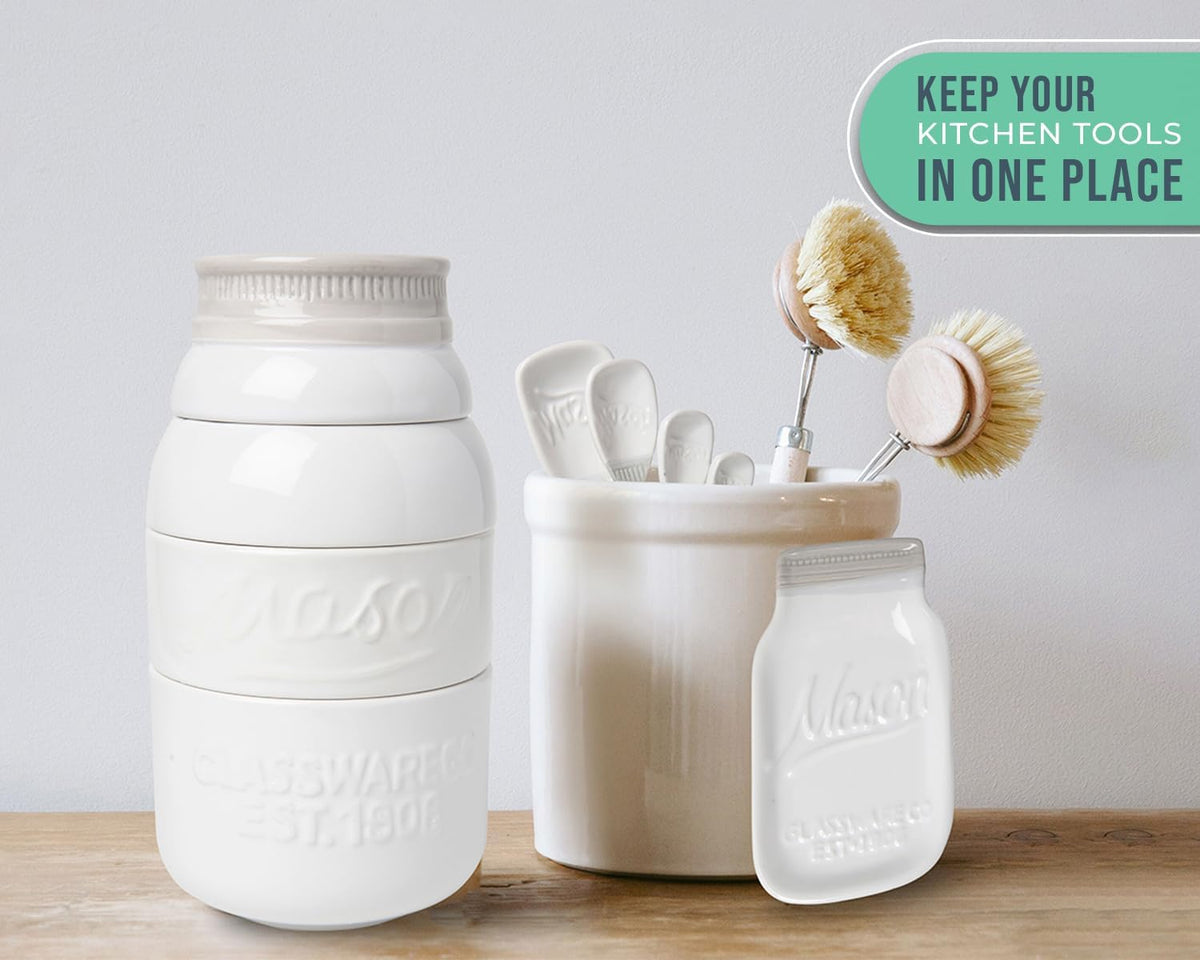 White Mason Jar Measuring Set – 4 Cups, 4 Spoons, Spoon Rest
