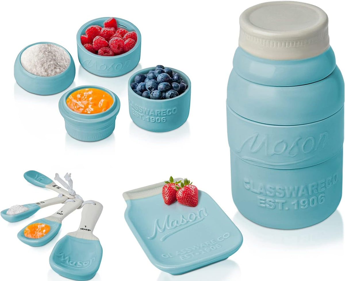 White Mason Jar Measuring Set – 4 Cups, 4 Spoons, Spoon Rest