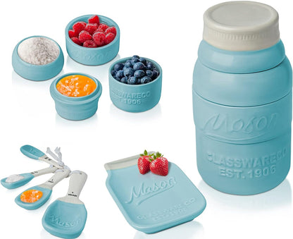 White Mason Jar Measuring Set – 4 Cups, 4 Spoons, Spoon Rest