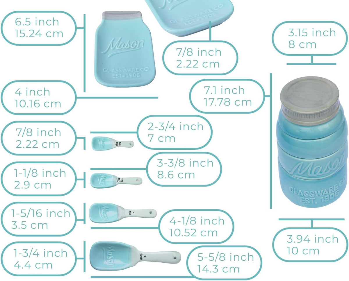 White Mason Jar Measuring Set – 4 Cups, 4 Spoons, Spoon Rest