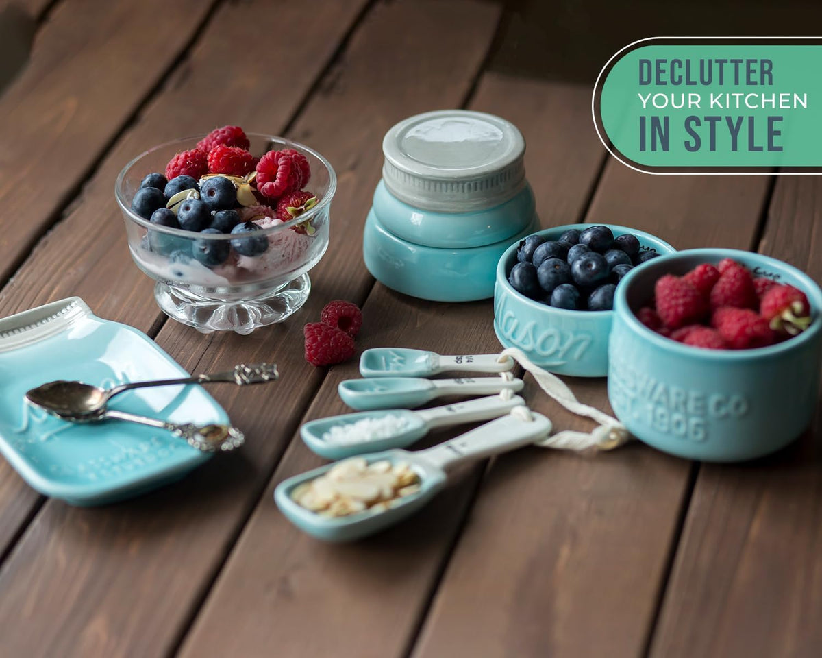 White Mason Jar Measuring Set – 4 Cups, 4 Spoons, Spoon Rest