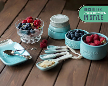 White Mason Jar Measuring Set – 4 Cups, 4 Spoons, Spoon Rest
