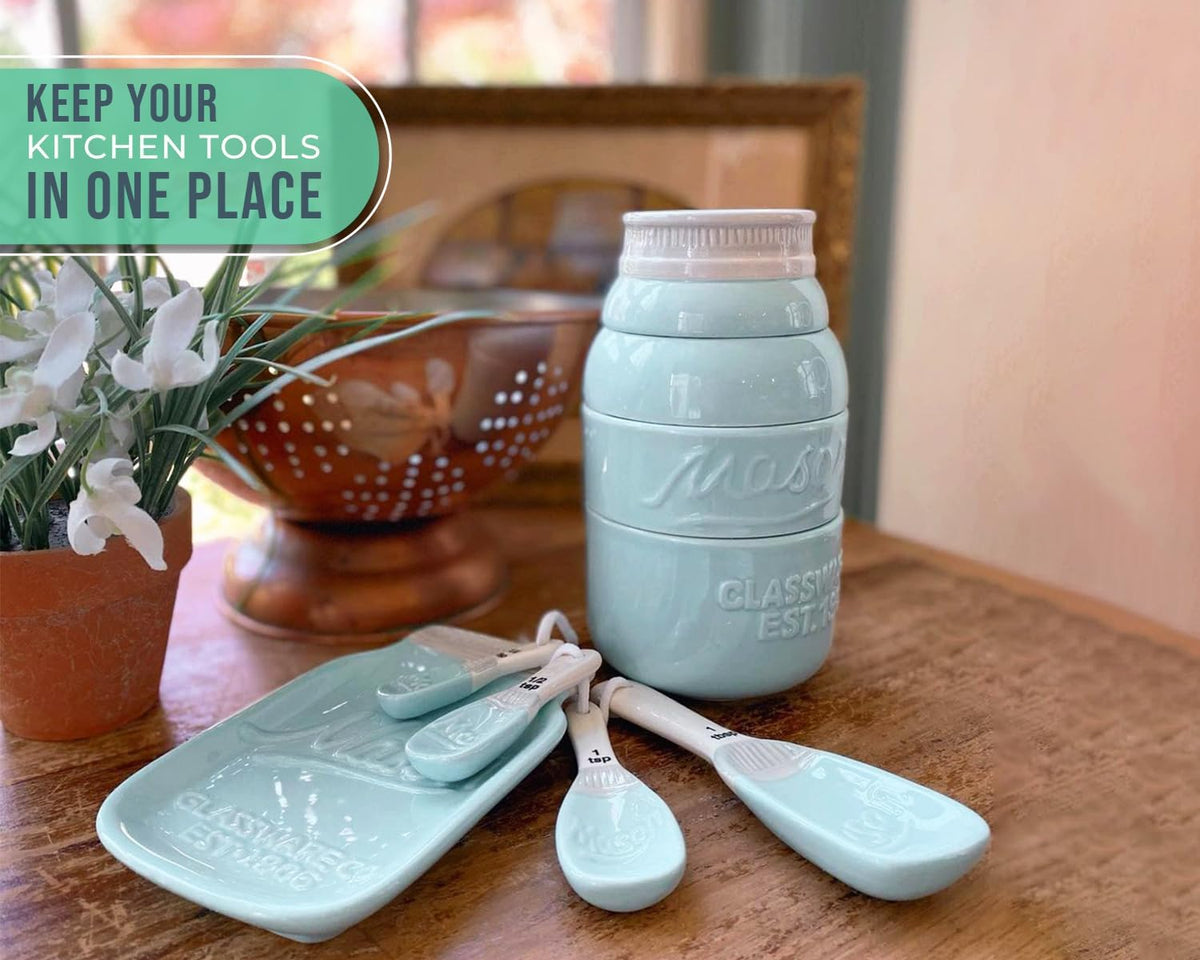 White Mason Jar Measuring Set – 4 Cups, 4 Spoons, Spoon Rest