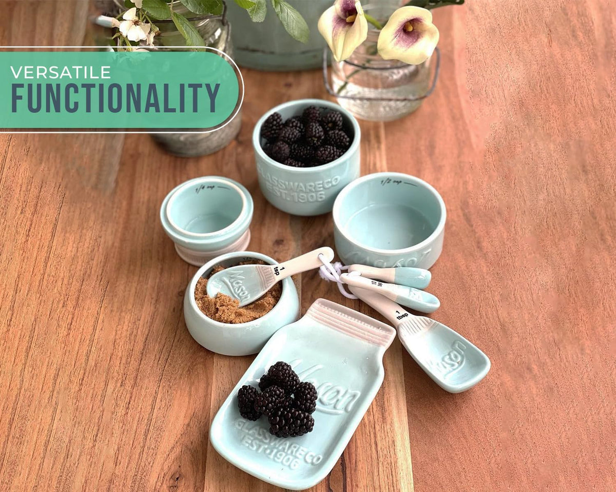 White Mason Jar Measuring Set – 4 Cups, 4 Spoons, Spoon Rest