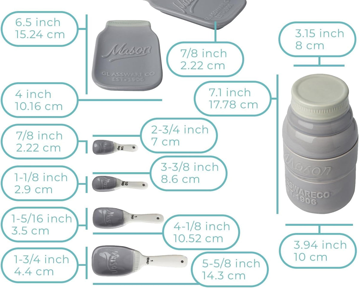 White Mason Jar Measuring Set – 4 Cups, 4 Spoons, Spoon Rest