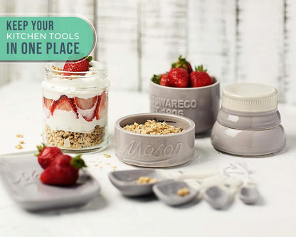 White Mason Jar Measuring Set – 4 Cups, 4 Spoons, Spoon Rest