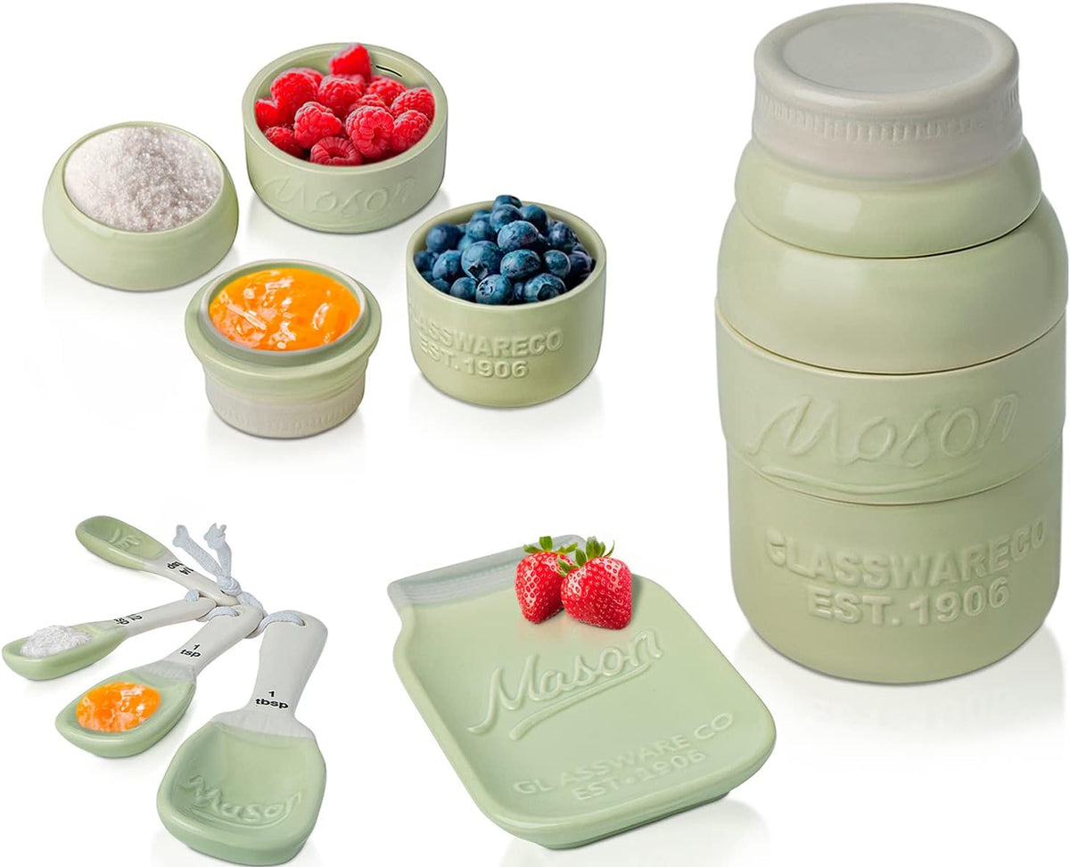White Mason Jar Measuring Set – 4 Cups, 4 Spoons, Spoon Rest