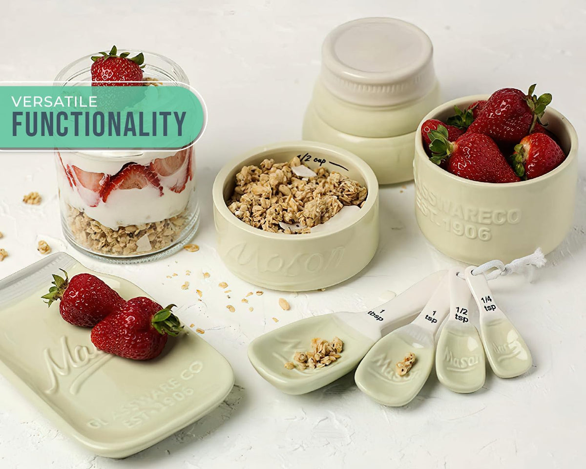 White Mason Jar Measuring Set – 4 Cups, 4 Spoons, Spoon Rest
