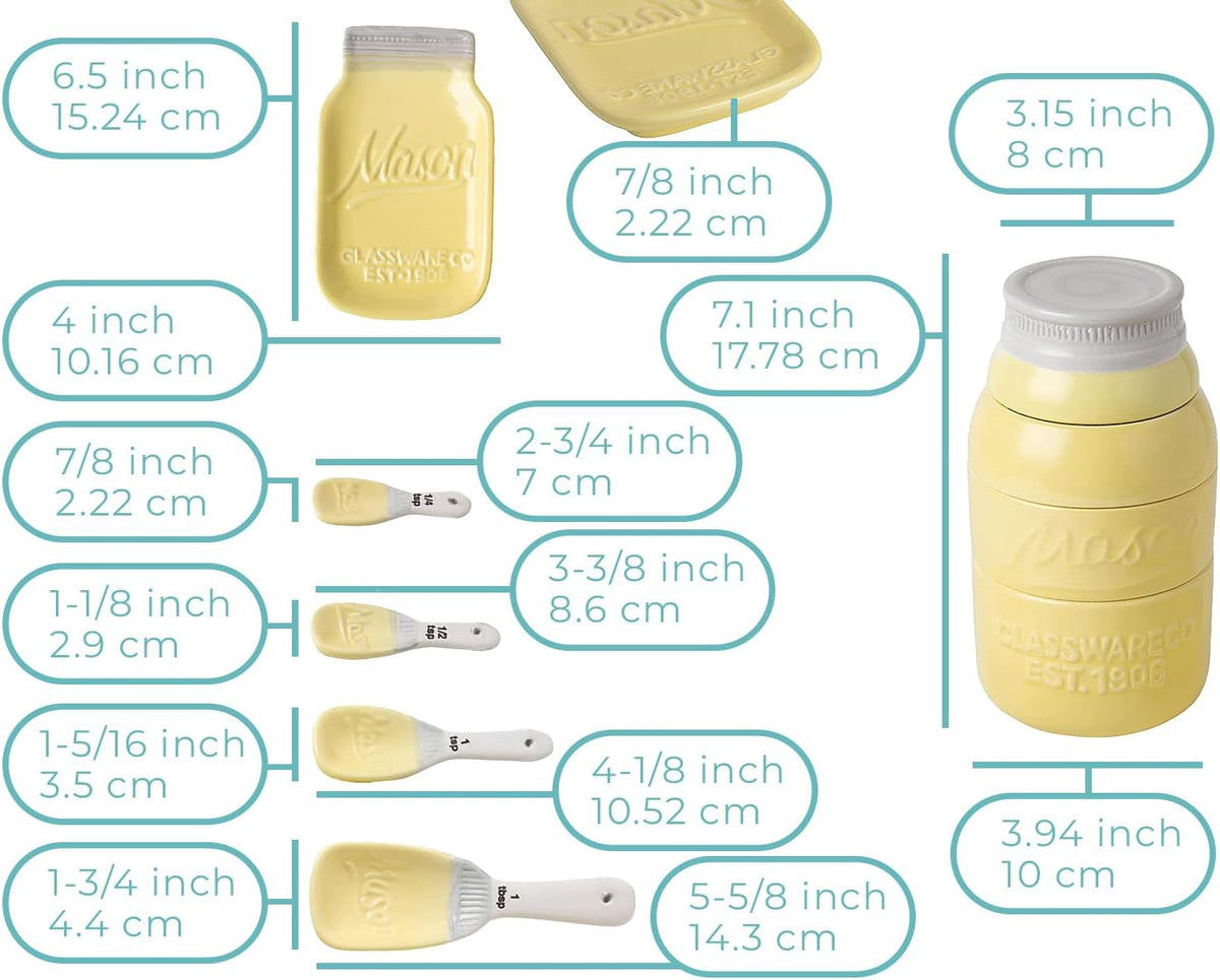 White Mason Jar Measuring Set – 4 Cups, 4 Spoons, Spoon Rest