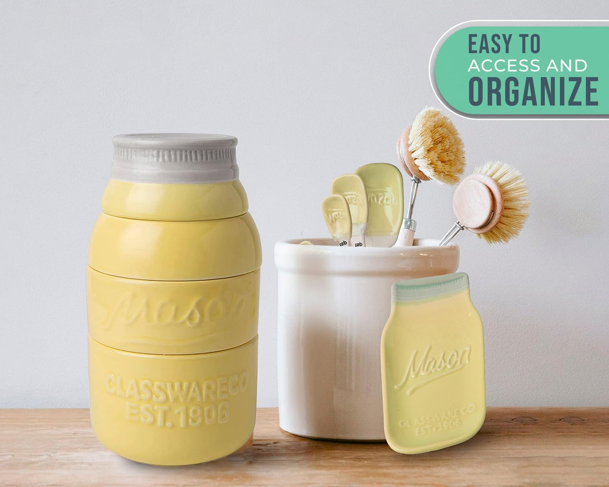 White Mason Jar Measuring Set – 4 Cups, 4 Spoons, Spoon Rest