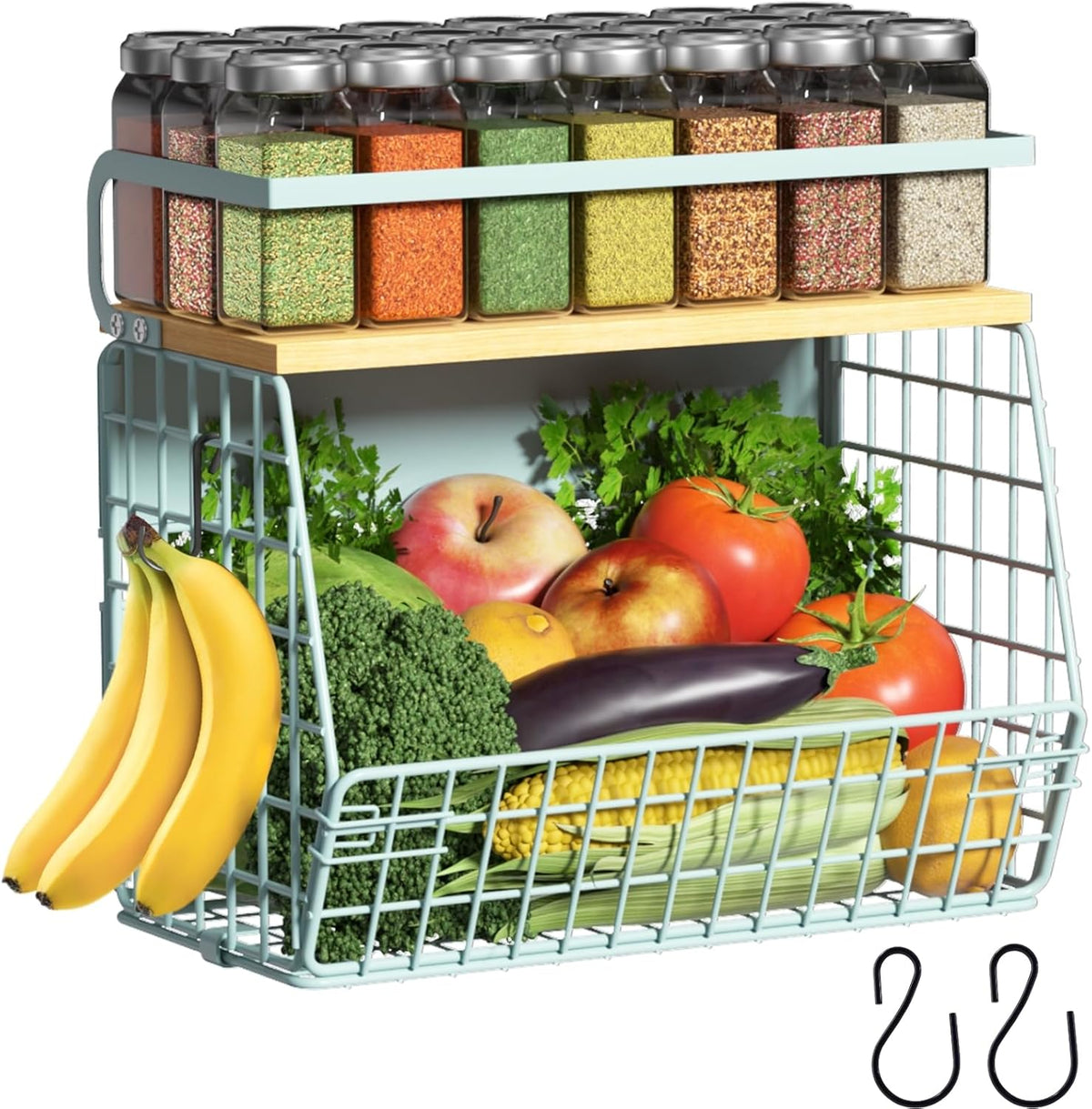Magnetic Shelf for Fridge with Wood Lid, Fruit Potato and Onion Storage Bins, Pantry Organizers & Storage, Large Container Magnetic Spice Rack for Refrigerator, Kitchen Counter, Cabinet
